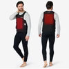Person wearing a red and black wetsuit with a gray shirt underneath.